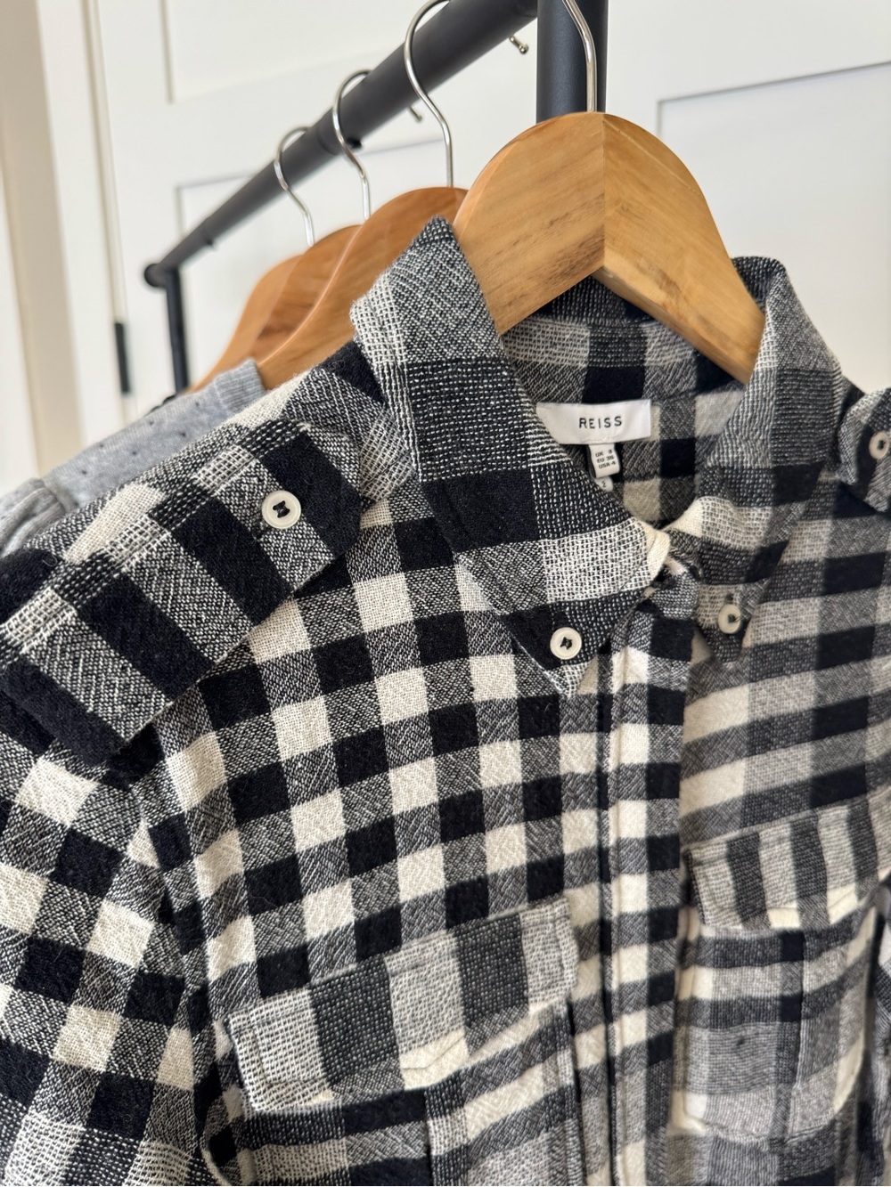 Reiss Women’s Lou Black White Buffalo Check Wool Fitted Button Down Shirt Size 4